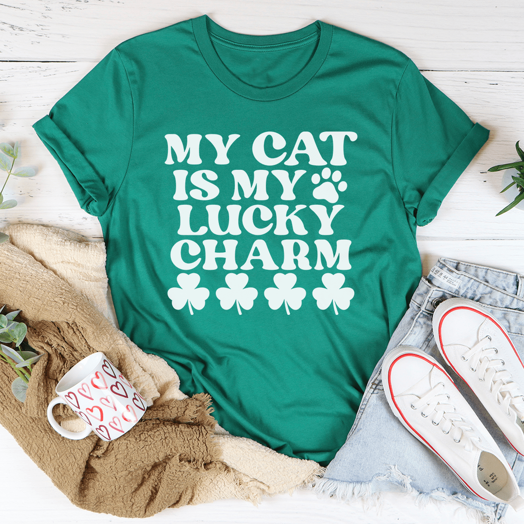 My Cat Is My Lucky Charm T-Shirt featuring a playful cat design, made from soft ring-spun cotton, showcasing durability and comfort.