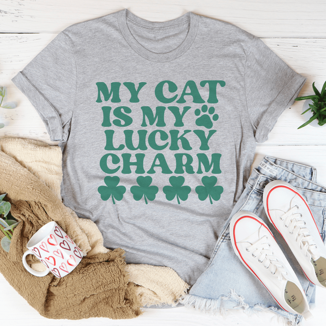 My Cat Is My Lucky Charm T-Shirt featuring a playful cat design, made from soft ring-spun cotton, showcasing durability and comfort.