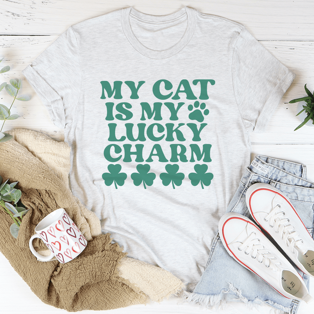 My Cat Is My Lucky Charm T-Shirt featuring a playful cat design, made from soft ring-spun cotton, showcasing durability and comfort.