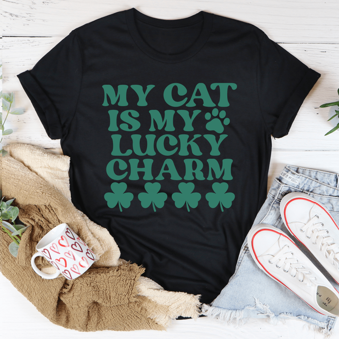 My Cat Is My Lucky Charm T-Shirt featuring a playful cat design, made from soft ring-spun cotton, showcasing durability and comfort.