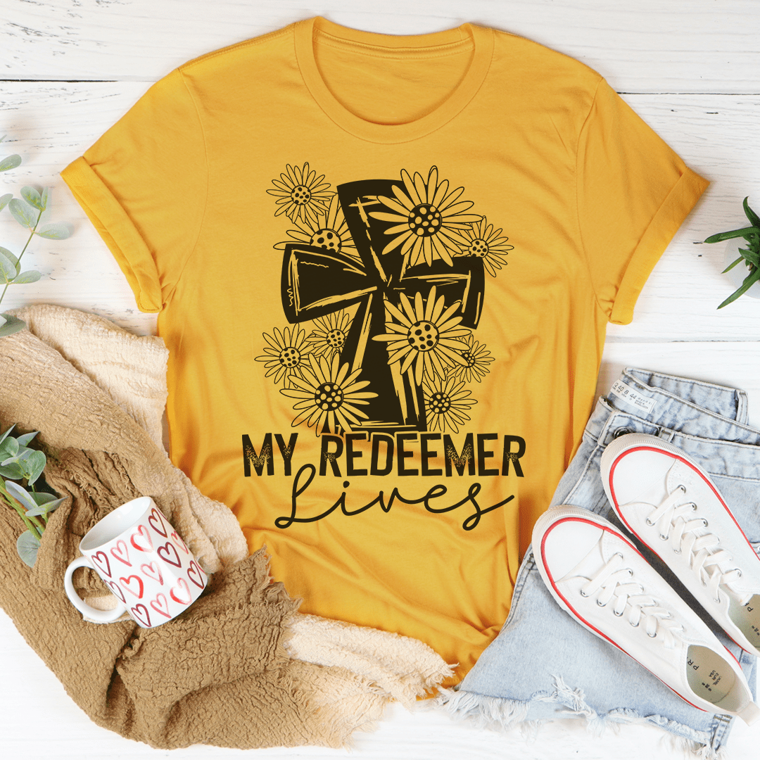 My Redeemer Lives T-Shirt made of soft ring-spun cotton with double stitching, featuring a vibrant faith-based design.