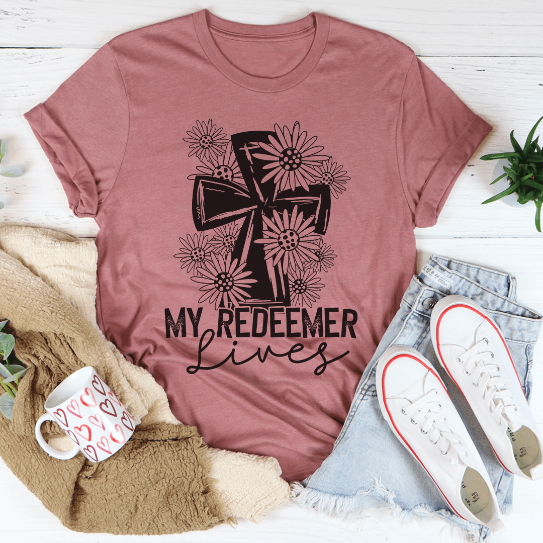 My Redeemer Lives T-Shirt made of soft ring-spun cotton with double stitching, featuring a vibrant faith-based design.