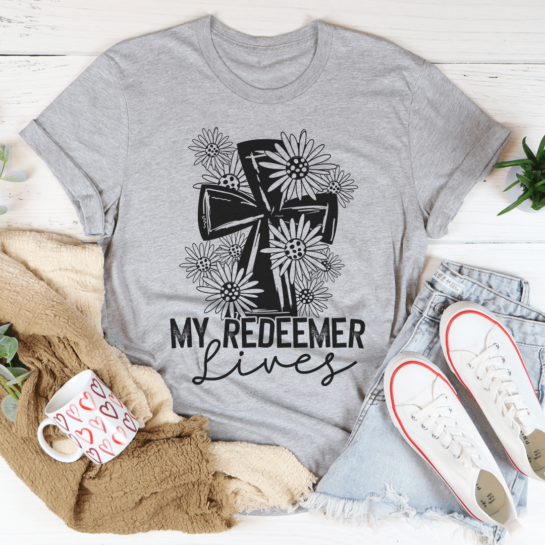 My Redeemer Lives T-Shirt made of soft ring-spun cotton with double stitching, featuring a vibrant faith-based design.