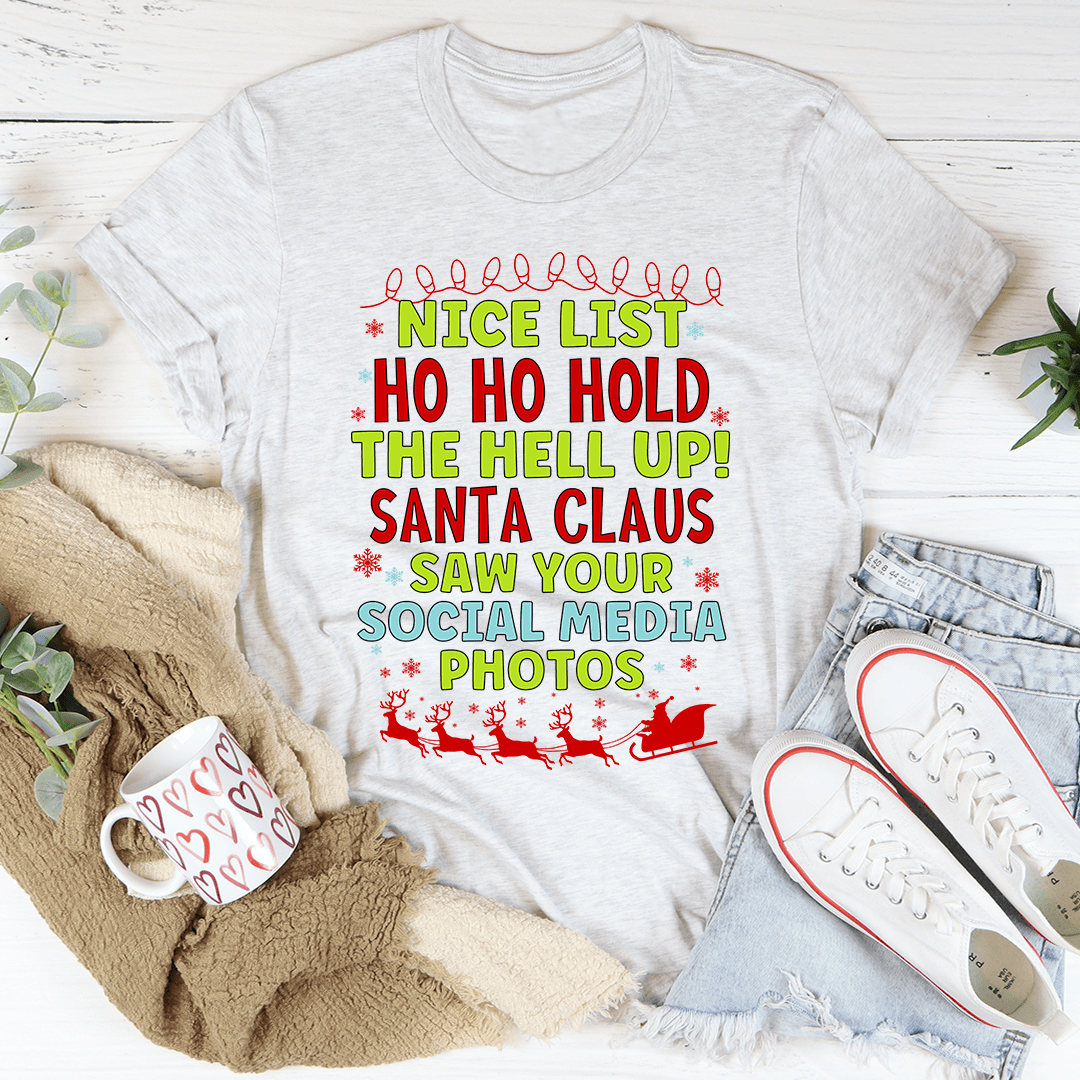 A stylish Nice List Tee made from soft ring-spun cotton, featuring double stitching for durability, available in various sizes.