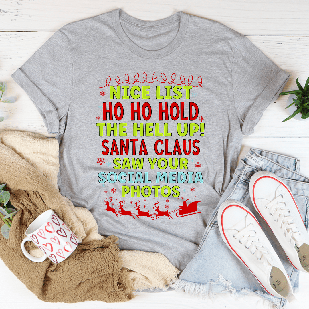 A stylish Nice List Tee made from soft ring-spun cotton, featuring double stitching for durability, available in various sizes.