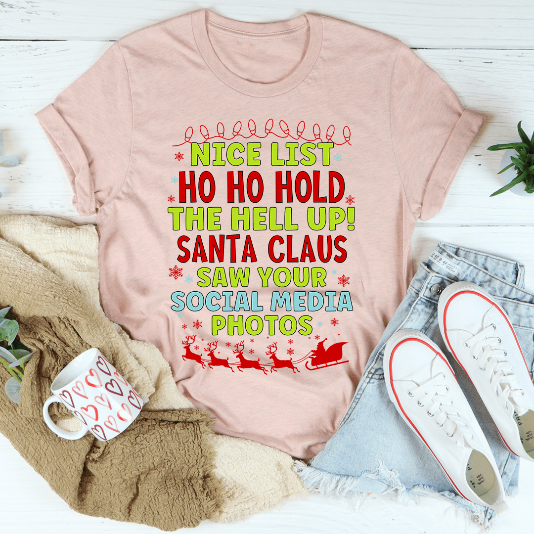 A stylish Nice List Tee made from soft ring-spun cotton, featuring double stitching for durability, available in various sizes.