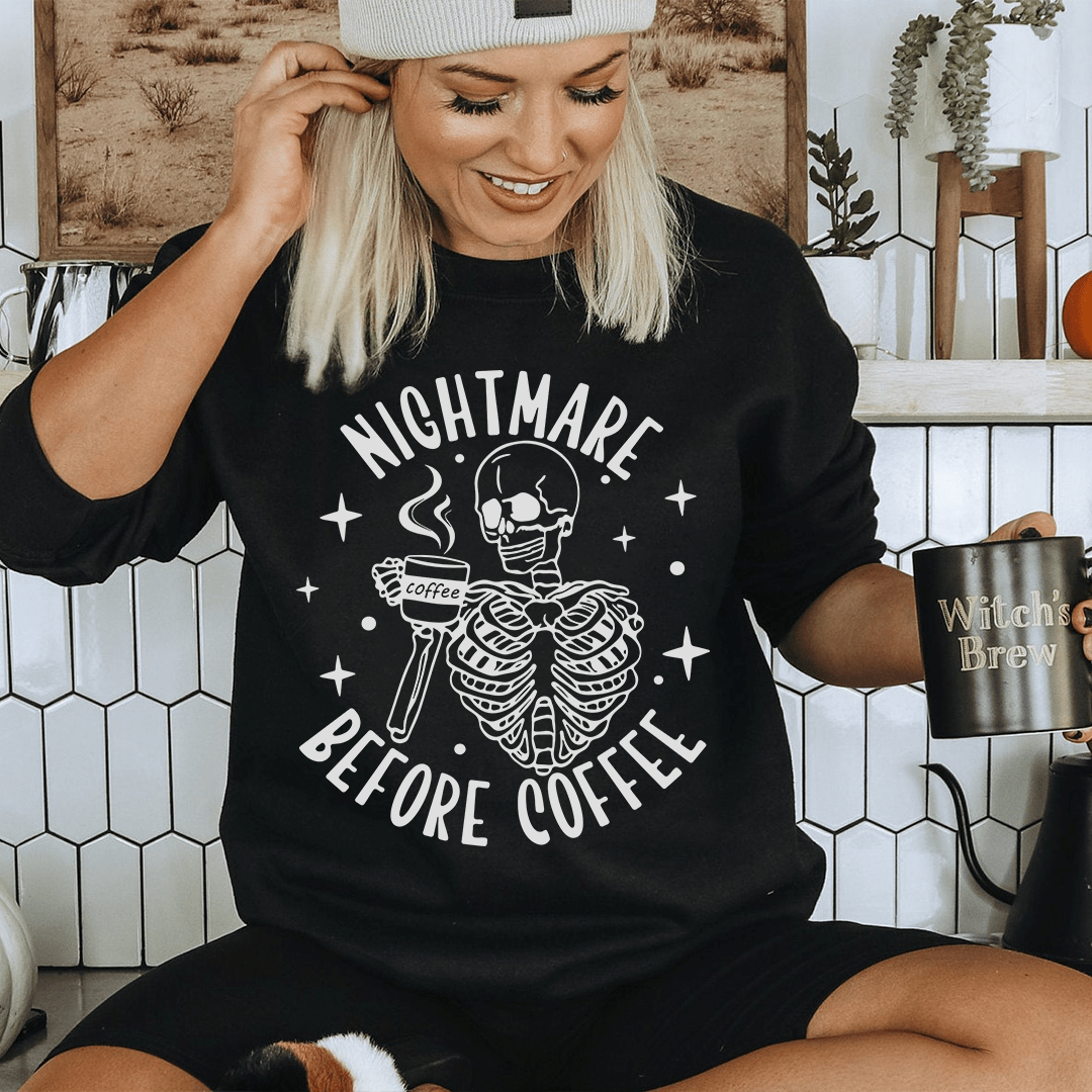 Nightmare Before Coffee Skeleton hoodie featuring a unique skeleton design, made from soft cotton/poly fleece blend.