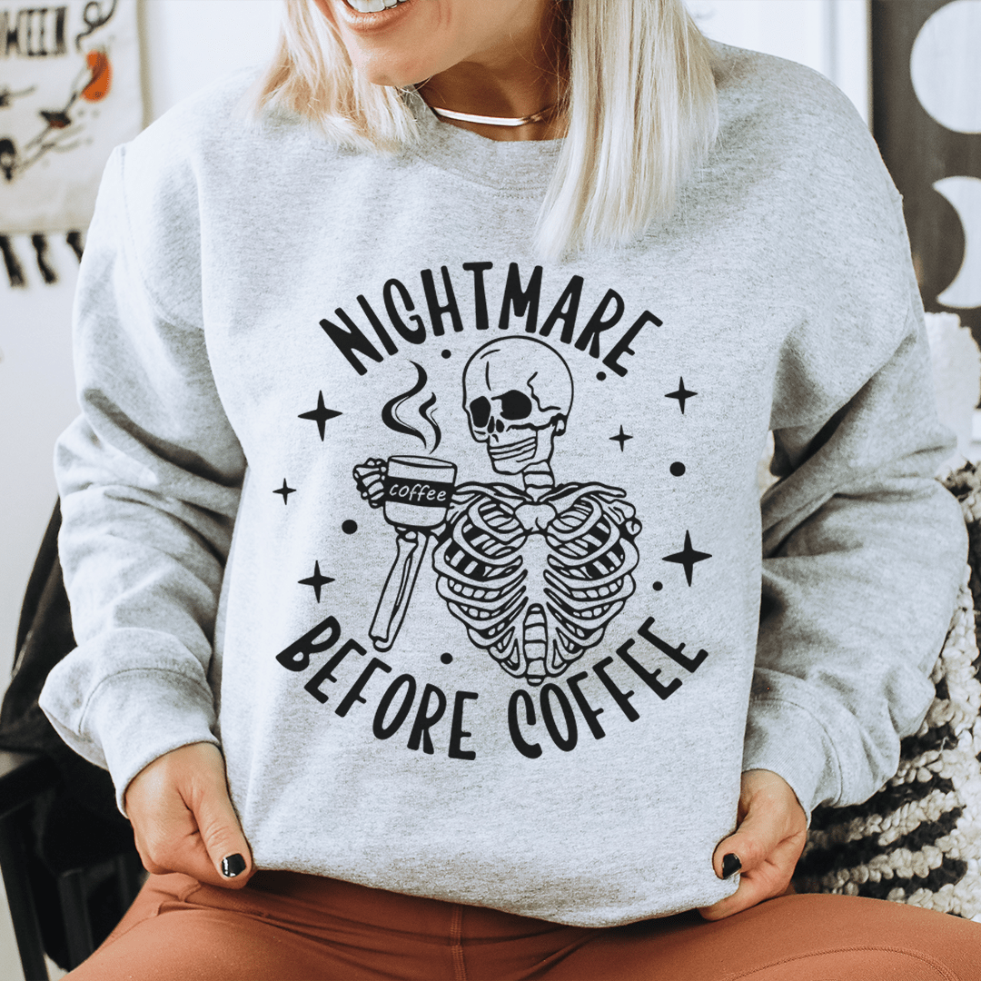 Nightmare Before Coffee Skeleton hoodie featuring a unique skeleton design, made from soft cotton/poly fleece blend.