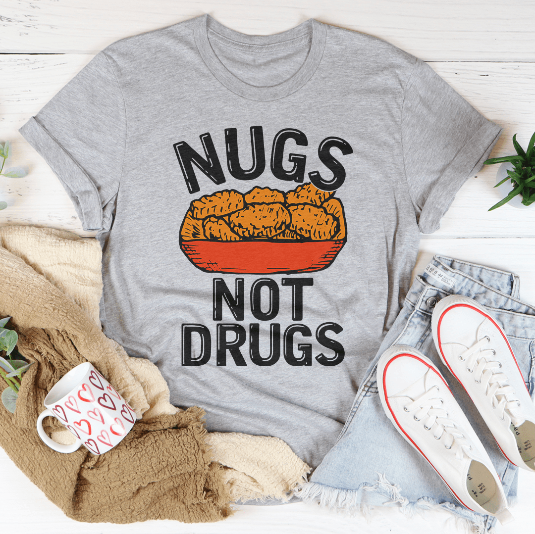 Nugs T-Shirt made of soft ring-spun cotton, featuring double stitching on neckline and sleeves, available in various sizes.