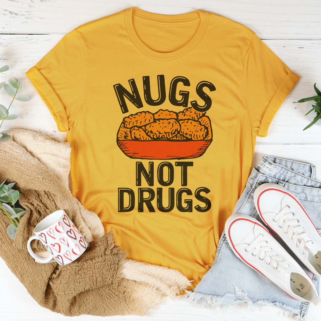 Nugs T-Shirt made of soft ring-spun cotton, featuring double stitching on neckline and sleeves, available in various sizes.