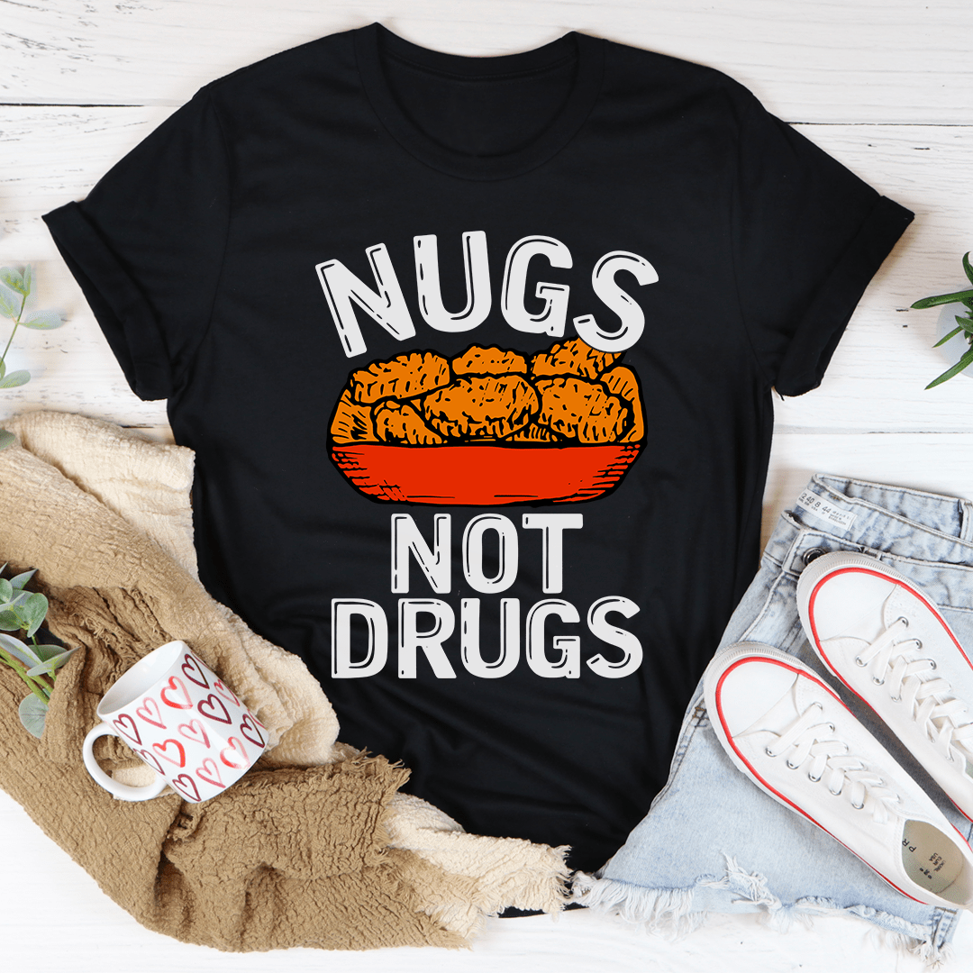 Nugs T-Shirt made of soft ring-spun cotton, featuring double stitching on neckline and sleeves, available in various sizes.