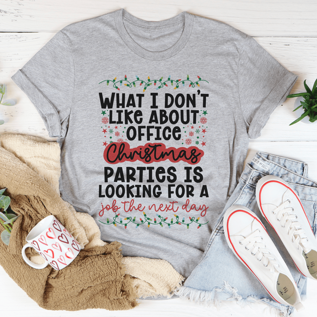 A festive Office Christmas Parties T-Shirt made from soft ring-spun cotton, featuring double stitching for durability and available in various sizes.