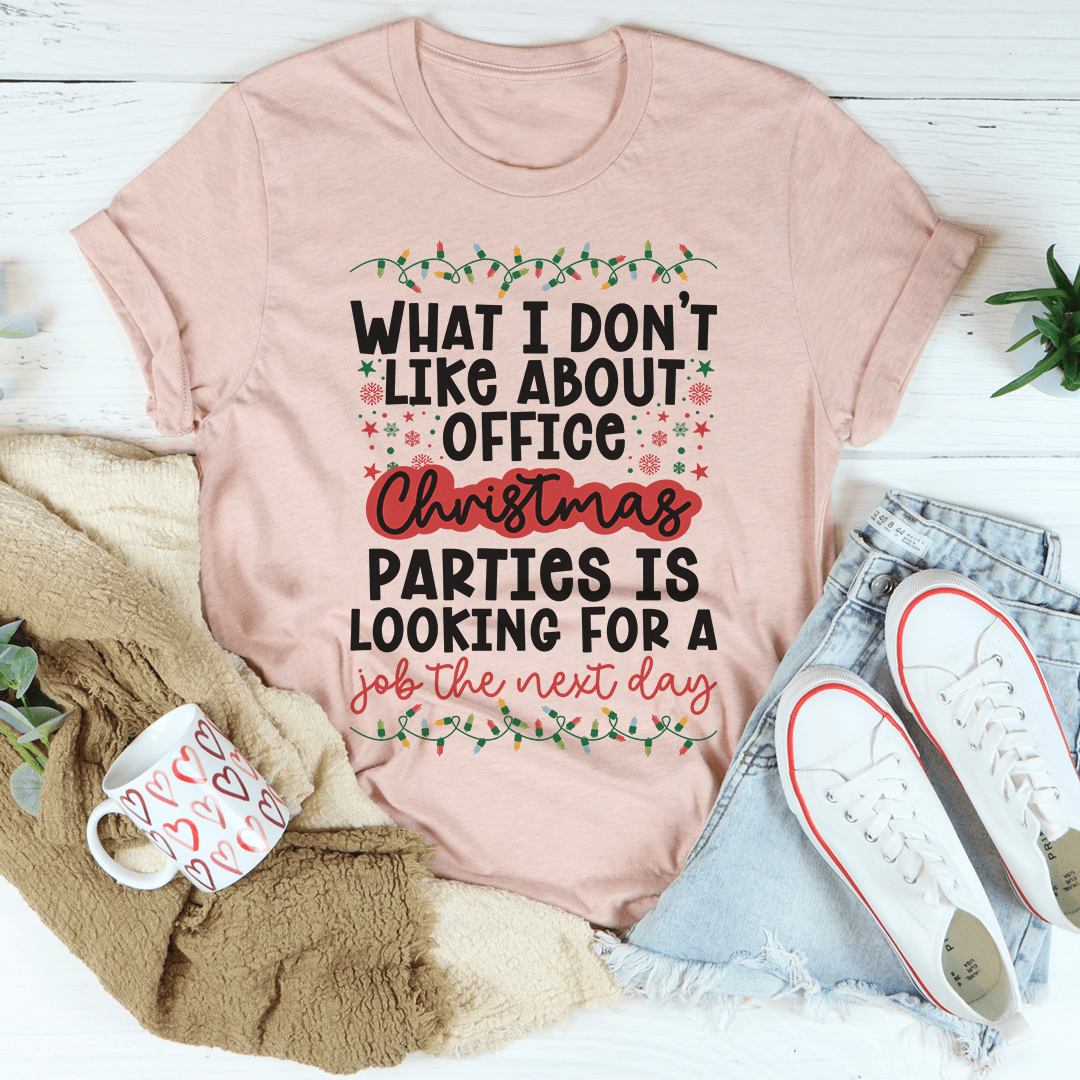 A festive Office Christmas Parties T-Shirt made from soft ring-spun cotton, featuring double stitching for durability and available in various sizes.