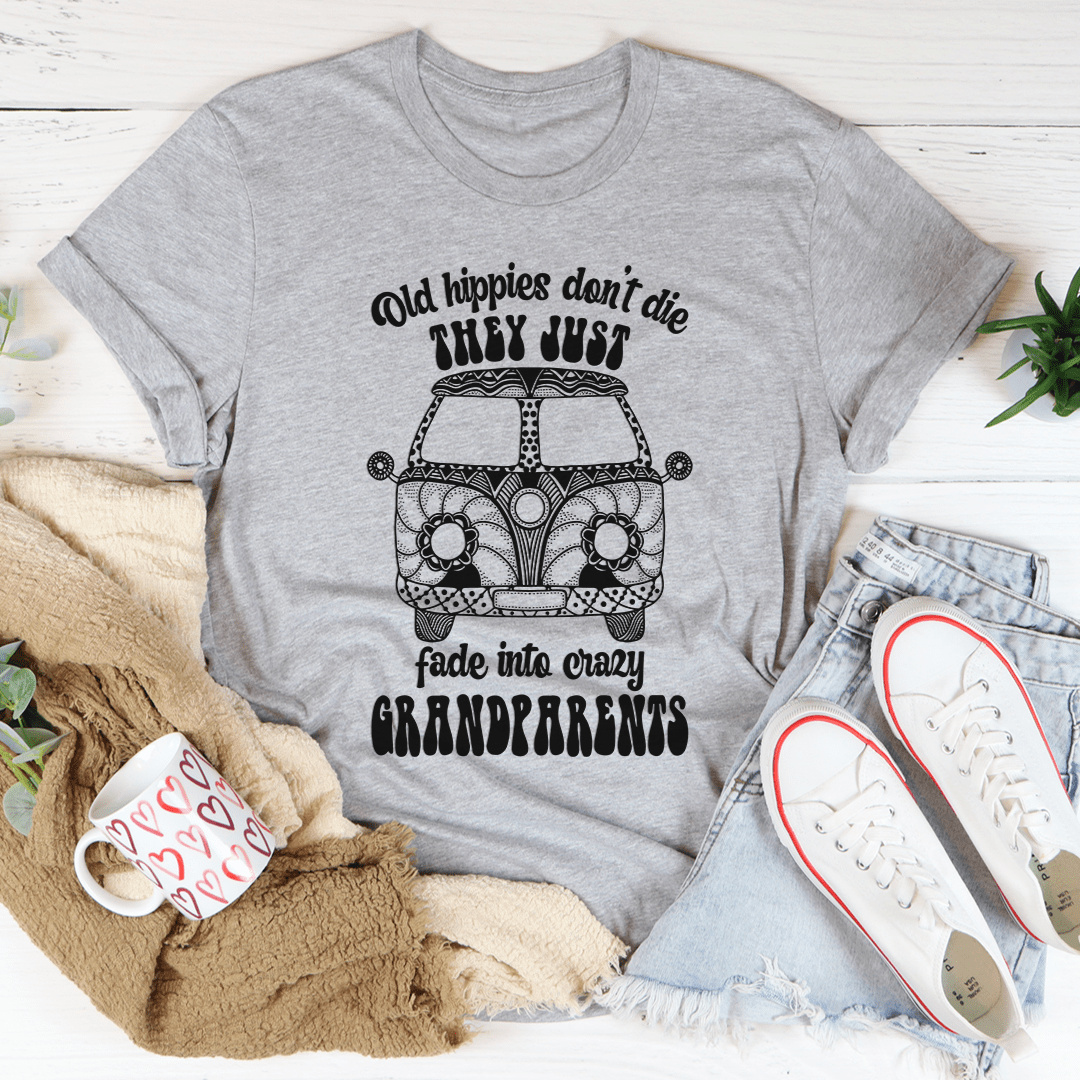 Old Hippies Don't Die Tee made of soft ring-spun cotton, featuring double stitching for durability and a stylish design.