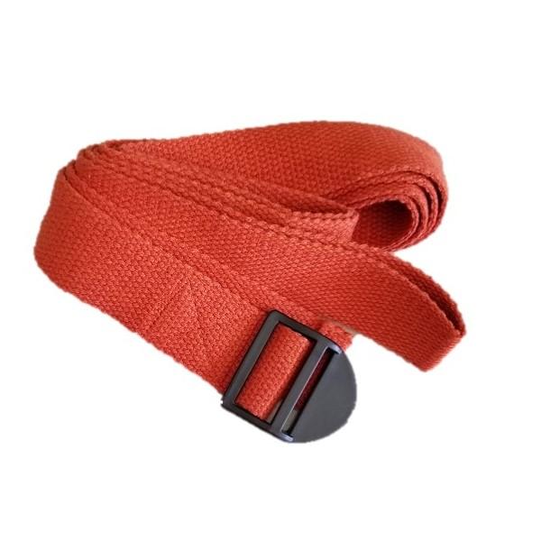 OMSutra Yoga Strap featuring a cinch buckle, made of anti-slip cotton webbing, 6 feet long and 1.5 inches wide, ideal for yoga practice.