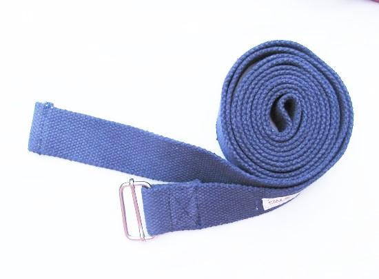 OMsutra Yoga Strap featuring a cinch and buckle design, made of durable anti-slip cotton webbing, measuring 1.5 inches wide and 6 feet long.