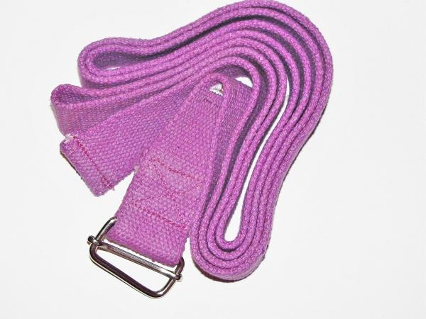 OMsutra Yoga Strap featuring a cinch and buckle design, made of durable anti-slip cotton webbing, measuring 1.5 inches wide and 6 feet long.