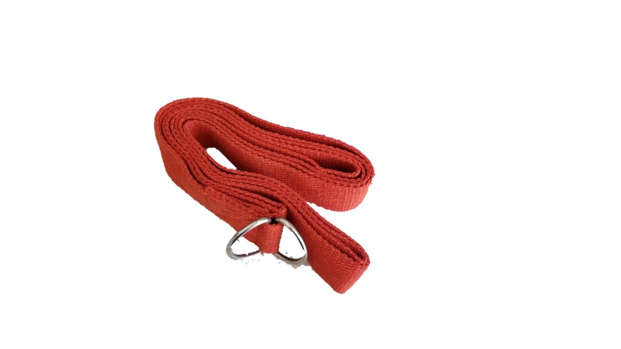 OMSutra Yoga Strap featuring D-ring buckles, made of durable fabric, 1.5 inches wide and 8 feet long, ideal for enhancing yoga practice.