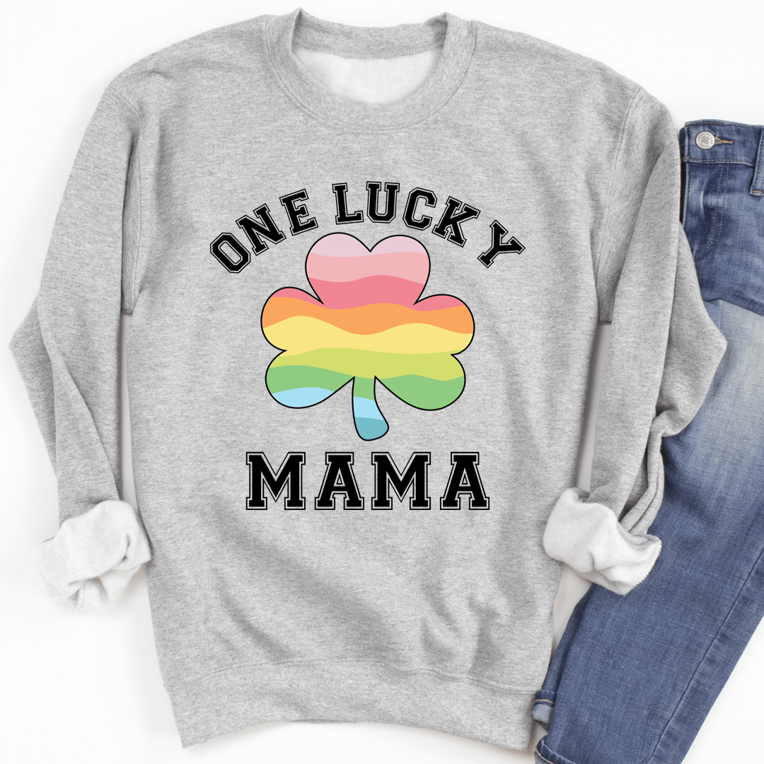 One Lucky Mama sweatshirt featuring unique artistic designs, made from a cozy cotton/poly fleece blend with adjustable cuffs.