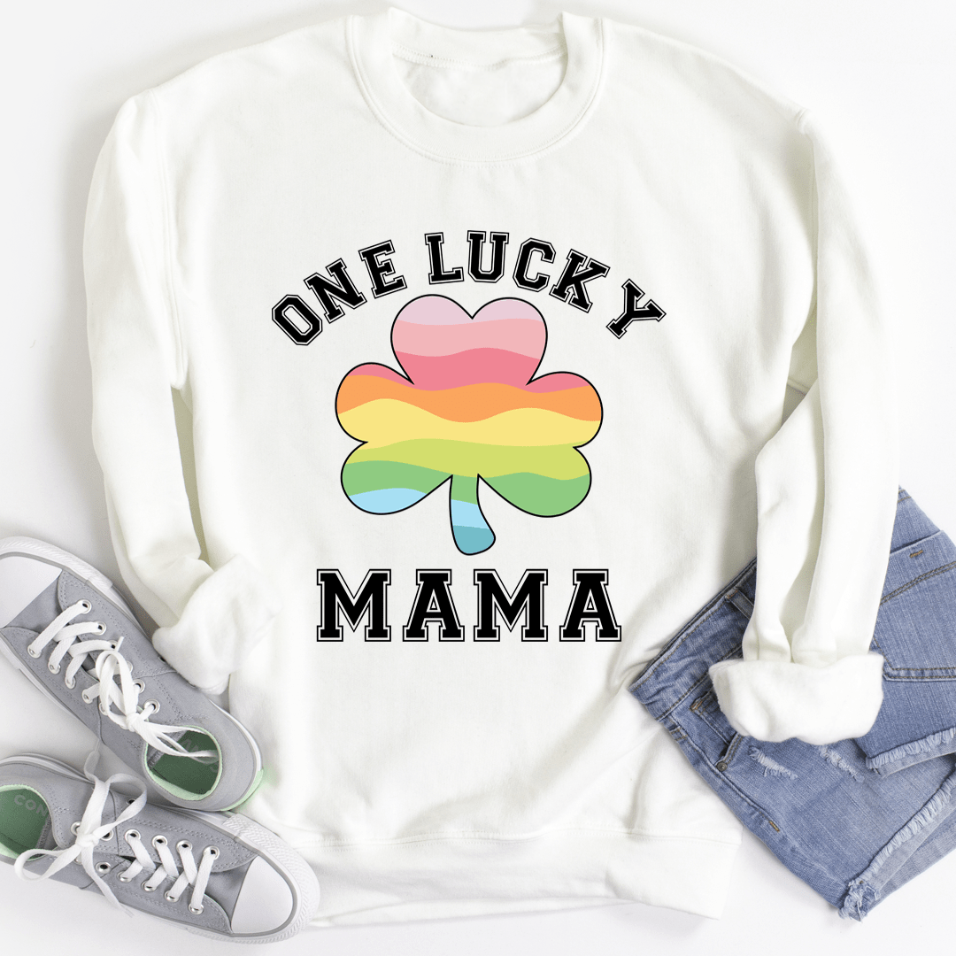 One Lucky Mama sweatshirt featuring unique artistic designs, made from a cozy cotton/poly fleece blend with adjustable cuffs.