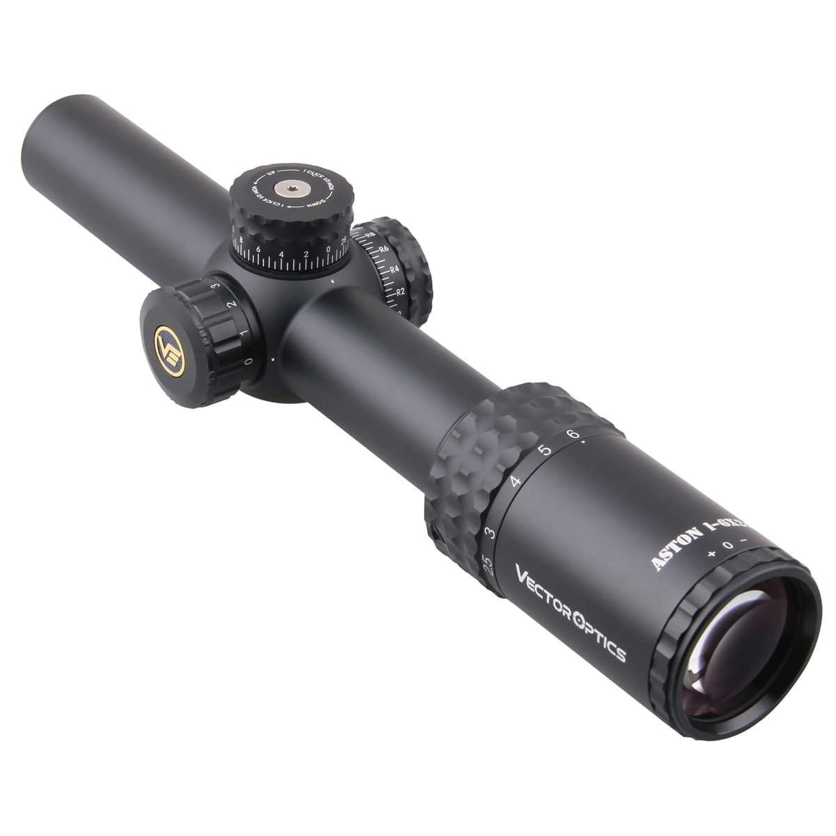 Optics Aston 1-6x24 SFP Tactical Rifle Scope showcasing its sleek design and etched glass reticle.