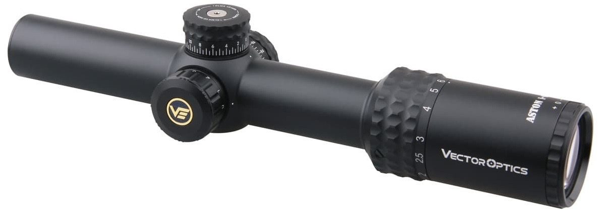 Optics Aston 1-6x24 SFP Tactical Rifle Scope showcasing its sleek design and etched glass reticle.