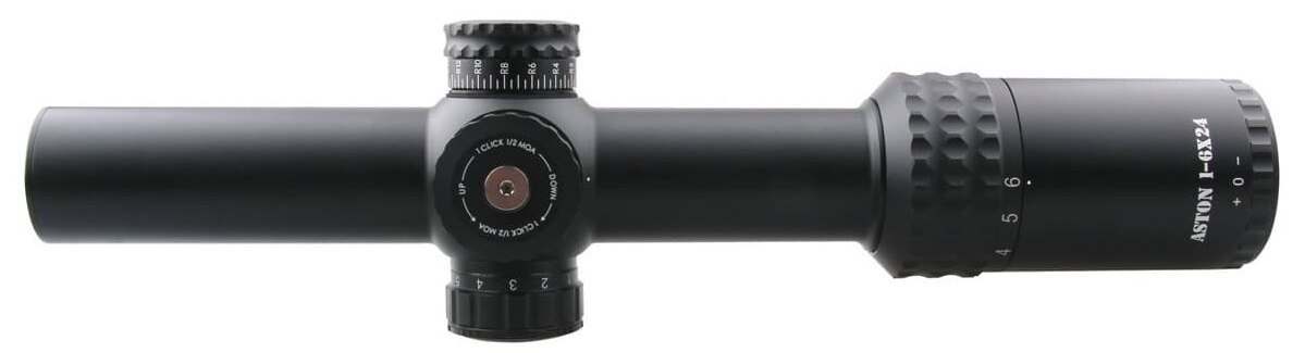 Optics Aston 1-6x24 SFP Tactical Rifle Scope showcasing its sleek design and etched glass reticle.