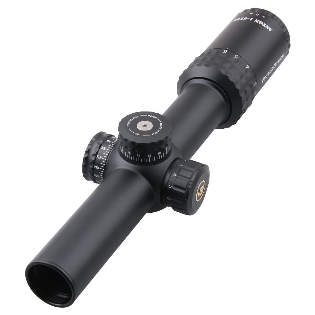 Optics Aston 1-6x24 SFP Tactical Rifle Scope showcasing its sleek design and etched glass reticle.