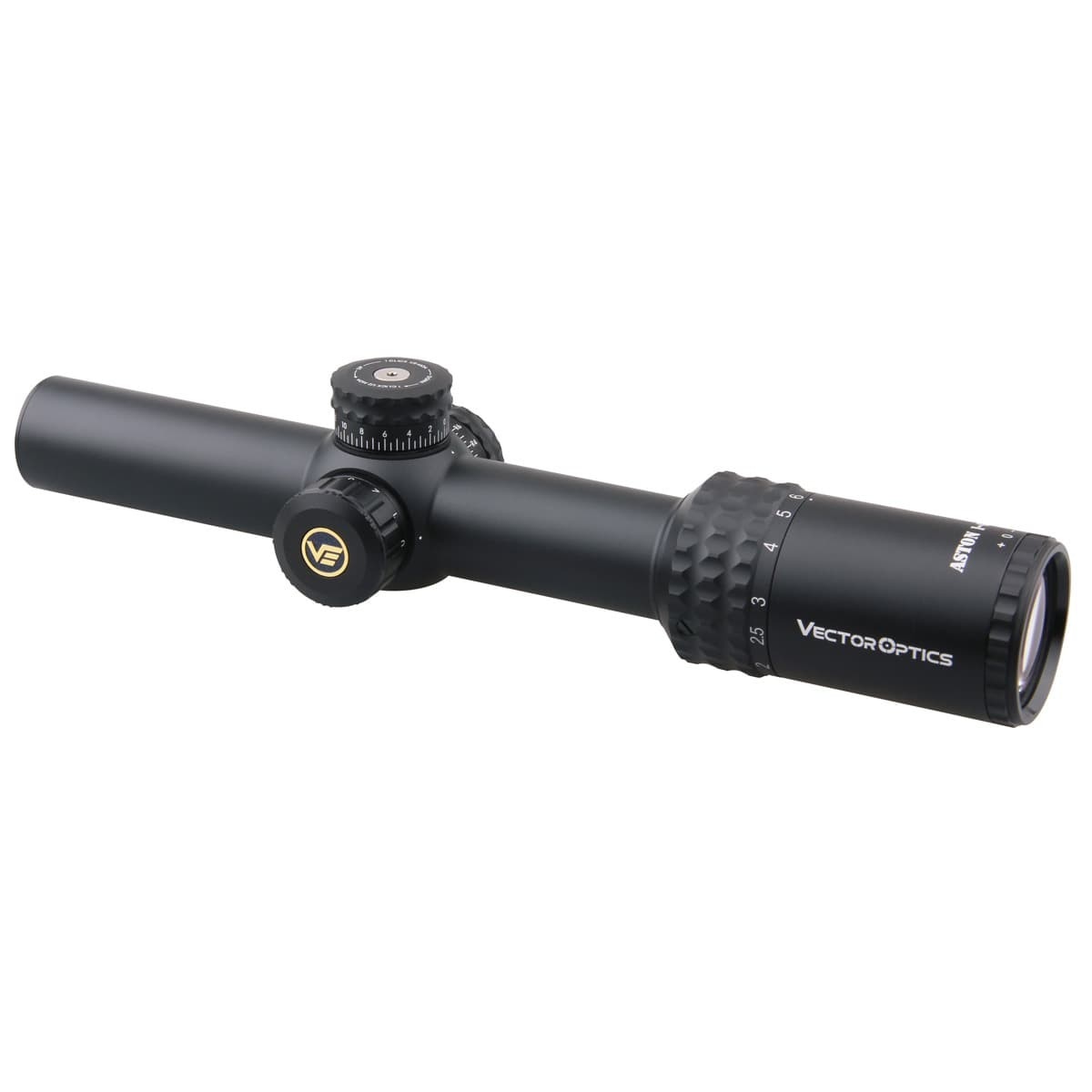 Optics Aston 1-6x24 SFP Tactical Rifle Scope showcasing its sleek design and etched glass reticle.