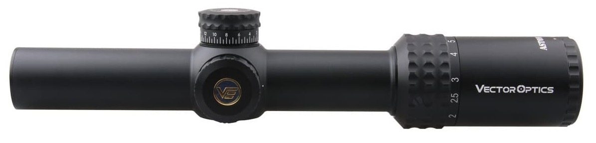 Optics Aston 1-6x24 SFP Tactical Rifle Scope showcasing its sleek design and etched glass reticle.