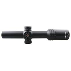 Optics Aston 1-6x24 SFP Tactical Rifle Scope showcasing its sleek design and etched glass reticle.