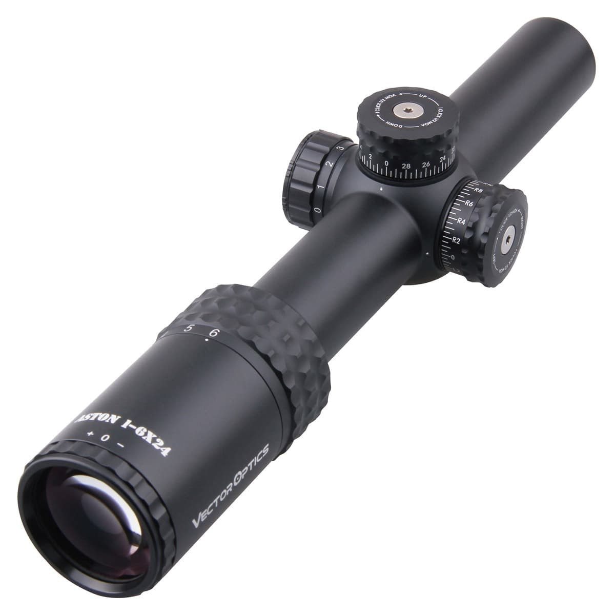 Optics Aston 1-6x24 SFP Tactical Rifle Scope showcasing its sleek design and etched glass reticle.