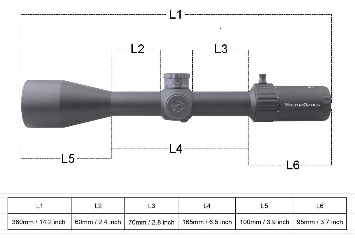 Rifle scope with labeled dimensions.