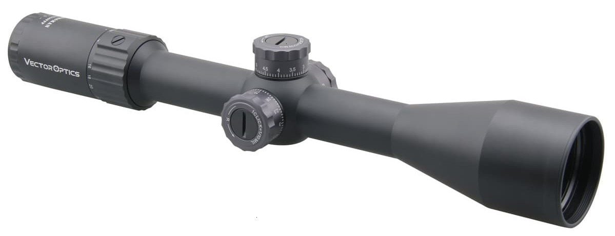 Rifle scope with adjustment knobs.