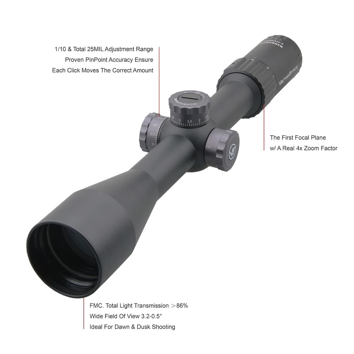 Black rifle scope with adjustment dials.