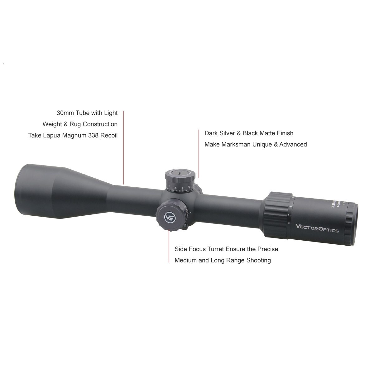 Black rifle scope with labels.