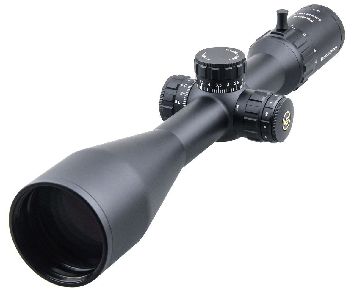 Optics Paragon GenII 5-25x56 tactical riflescope with side focus and illuminated reticle, showcasing its sleek black matte finish.