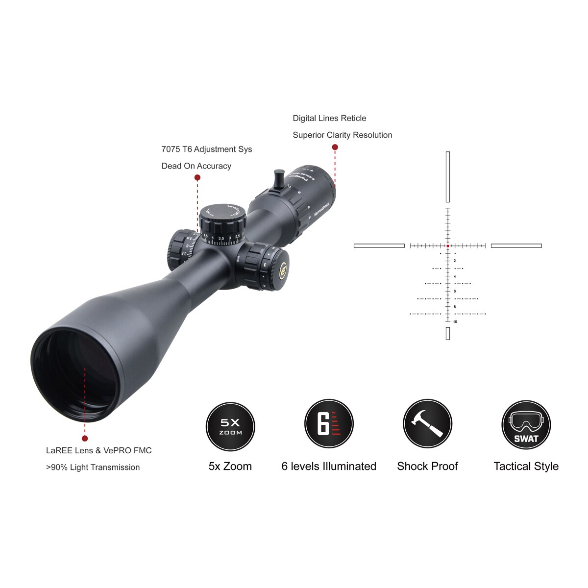 Optics Paragon GenII 5-25x56 tactical riflescope with side focus and illuminated reticle, showcasing its sleek black matte finish.