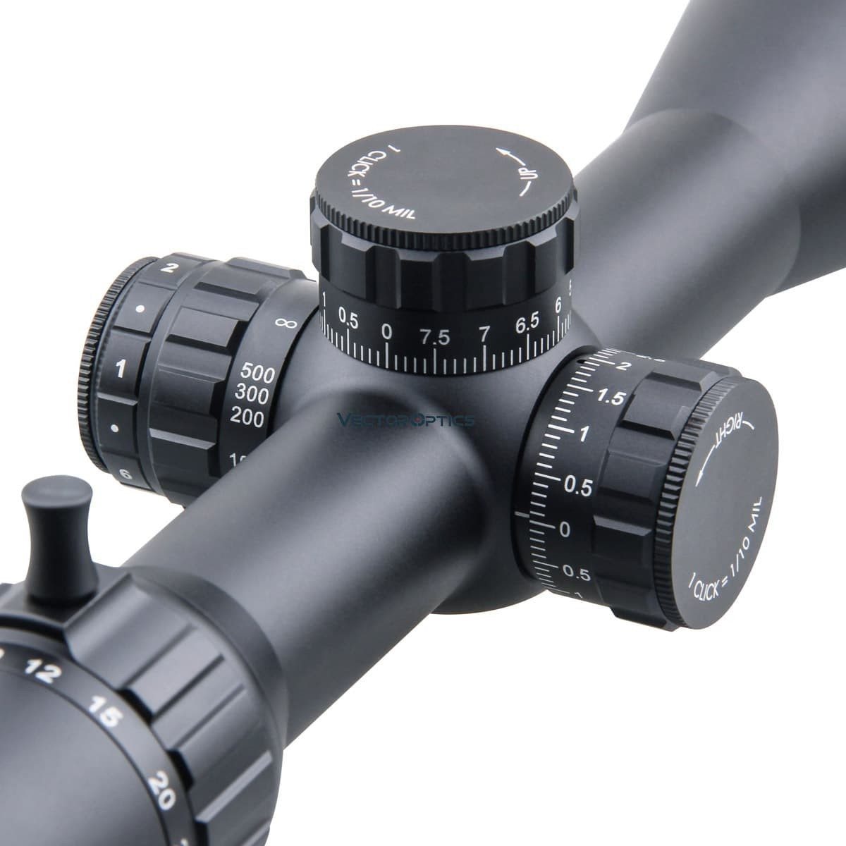 Optics Paragon GenII 5-25x56 tactical riflescope with side focus and illuminated reticle, showcasing its sleek black matte finish.