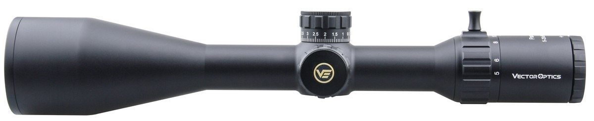 Optics Paragon GenII 5-25x56 tactical riflescope with side focus and illuminated reticle, showcasing its sleek black matte finish.