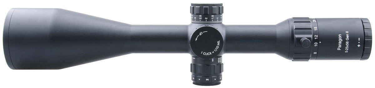 Optics Paragon GenII 5-25x56 tactical riflescope with side focus and illuminated reticle, showcasing its sleek black matte finish.