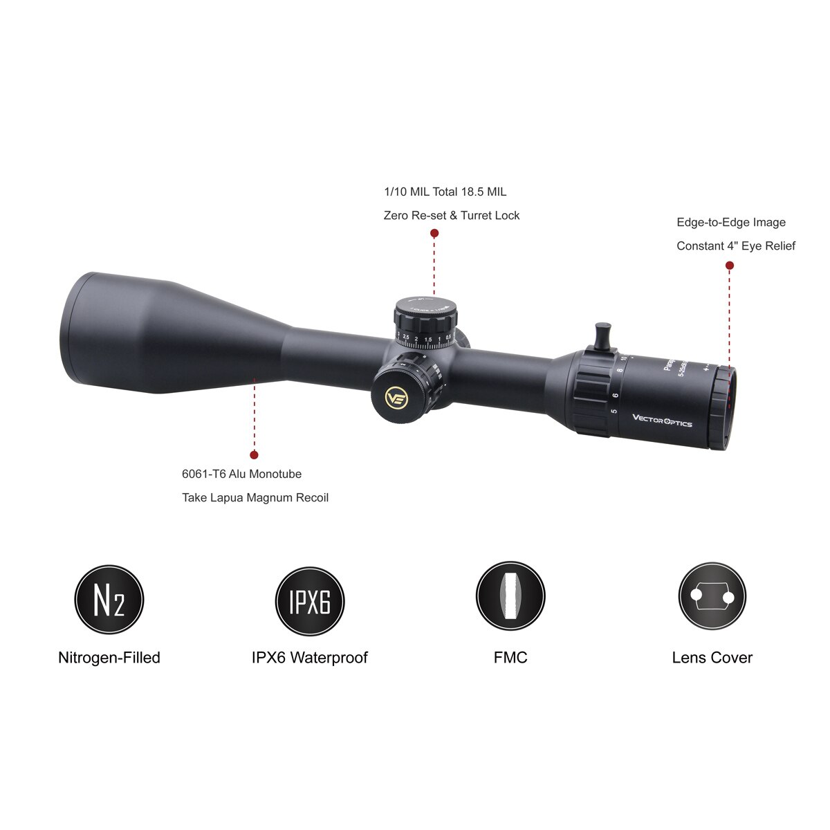 Optics Paragon GenII 5-25x56 tactical riflescope with side focus and illuminated reticle, showcasing its sleek black matte finish.