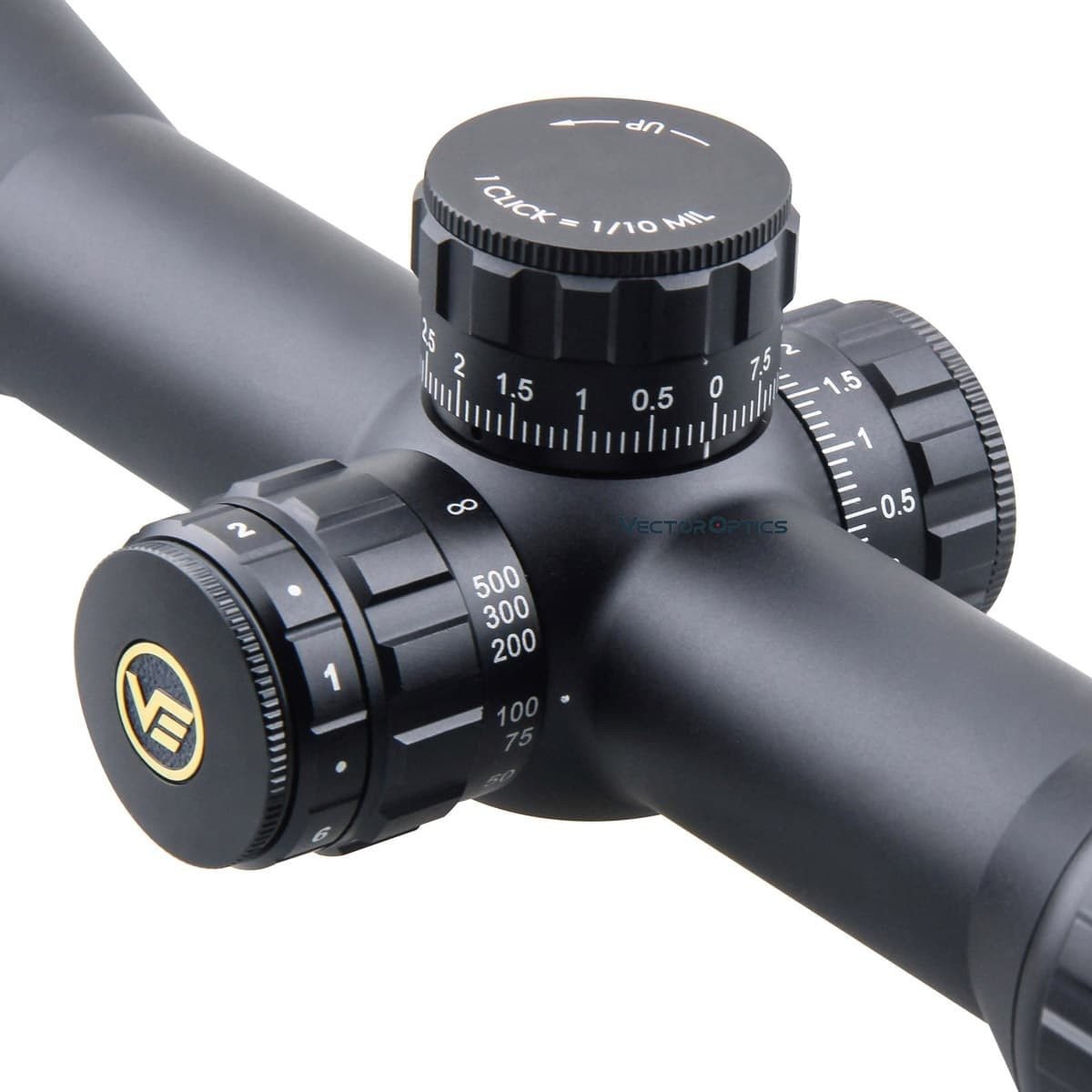 Optics Paragon GenII 5-25x56 tactical riflescope with side focus and illuminated reticle, showcasing its sleek black matte finish.