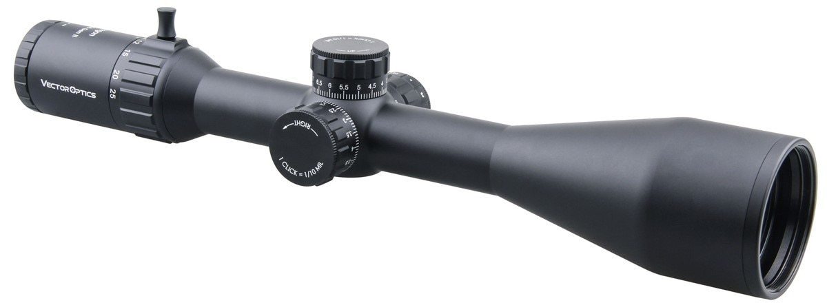 Optics Paragon GenII 5-25x56 tactical riflescope with side focus and illuminated reticle, showcasing its sleek black matte finish.