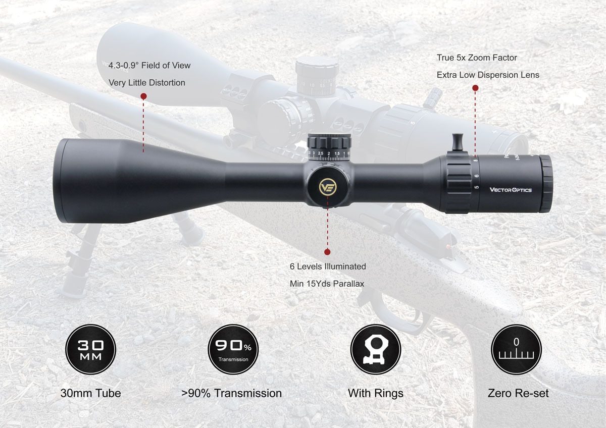 Optics Paragon GenII 5-25x56 tactical riflescope with side focus and illuminated reticle, showcasing its sleek black matte finish.