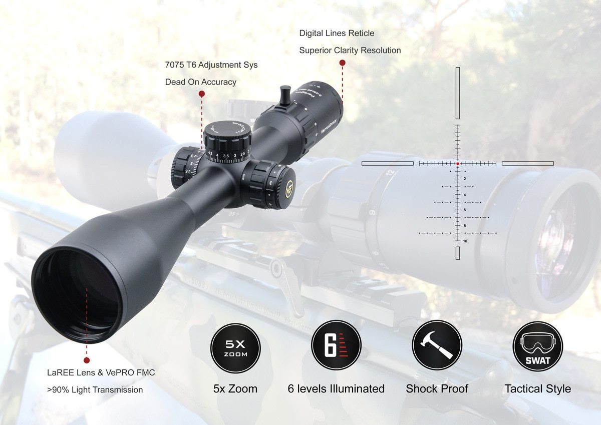 Optics Paragon GenII 5-25x56 tactical riflescope with side focus and illuminated reticle, showcasing its sleek black matte finish.