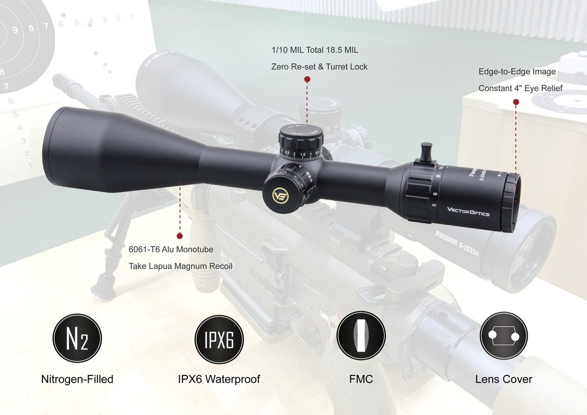 Optics Paragon GenII 5-25x56 tactical riflescope with side focus and illuminated reticle, showcasing its sleek black matte finish.