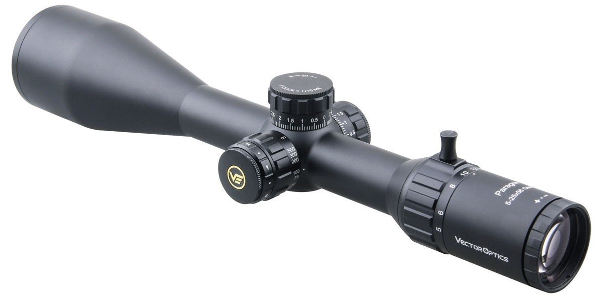 Optics Paragon GenII 5-25x56 tactical riflescope with side focus and illuminated reticle, showcasing its sleek black matte finish.