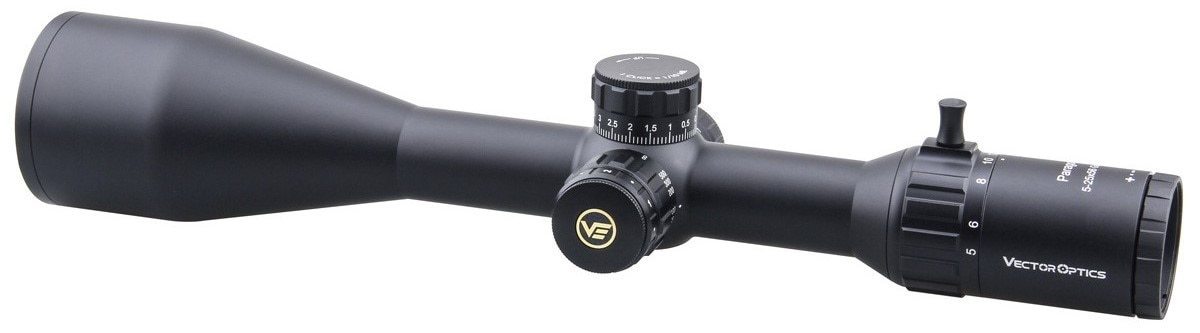 Optics Paragon GenII 5-25x56 tactical riflescope with side focus and illuminated reticle, showcasing its sleek black matte finish.