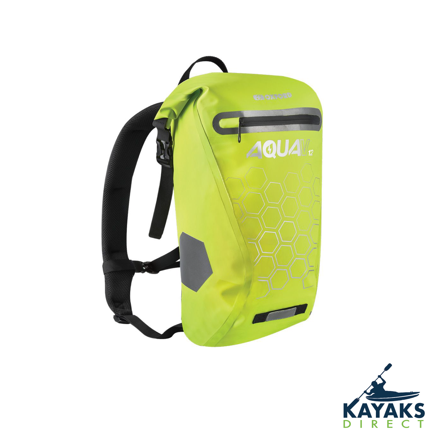 Oxford Aqua V20 Dry Backpack with waterproof roll top closure and reflective detailing, ideal for outdoor activities.